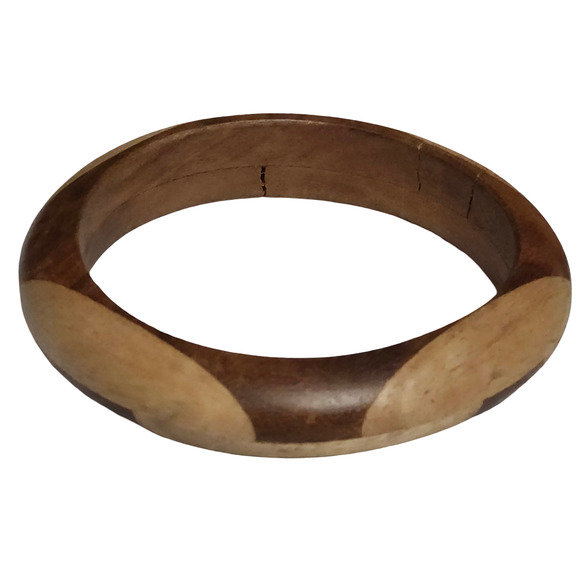 Vtg Two Tone Wooden Inlay Bangle Bracelet - Picture 1 of 3